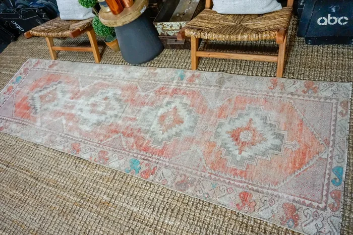3’ x 9’10 Vintage Turkish Oushak Runner Muted Red, Gray and Blue 70’s ‘3425