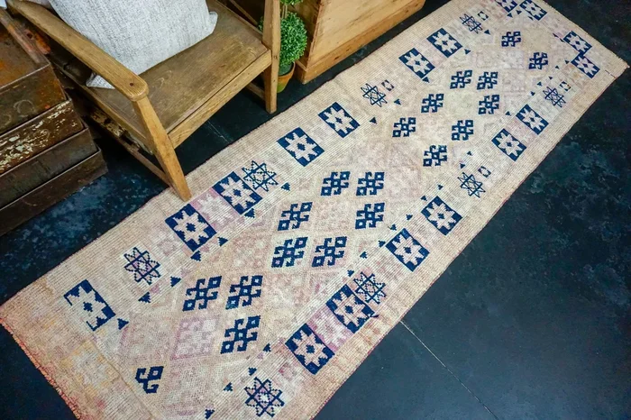 3’ x 9’7 Vintage Herki Runner Dark Navy Blue & Pink ‘2529