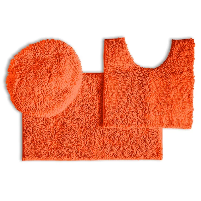 3pc Set (Style B) Bath Rug + U Shape Toilet Mat + Round Toilet Lid Cover Rug, Coral