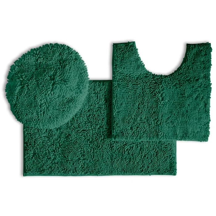 3pc Set (Style B) Bath Rug + U Shape Toilet Mat + Round Toilet Lid Cover Rug, Kelly Green
