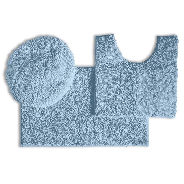 3pc Set (Style B) Bath Rug + U Shape Toilet Mat + Round Toilet Lid Cover Rug, Sky Blue