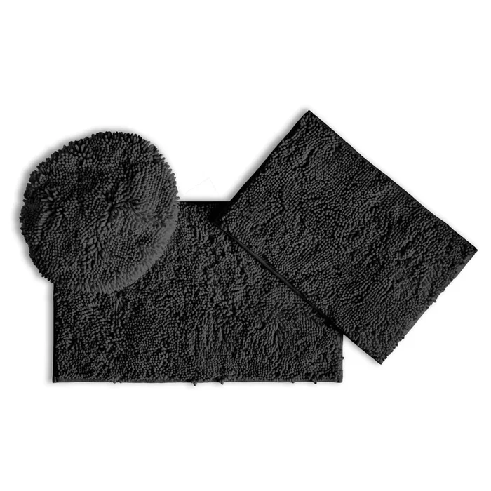 3pc Set (Style C) Bath Rugs + Round Toilet Lid Rug, Black