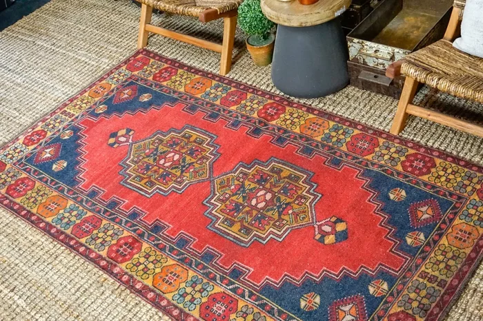4’1 x 7’1 Vintage Turkish Oushak Carpet Red, Blue + Yellow ‘3465