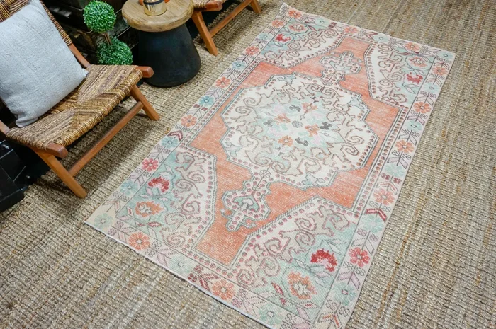 4’2 x 7’1 Vintage Oushak Rug Muted Burnt Orange, Mint Green & Beige ‘4339