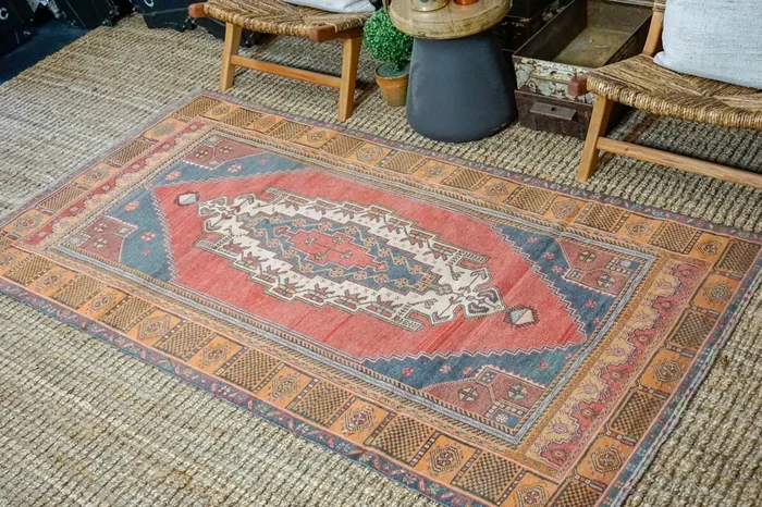 4’2 x 7’10 Oushak Rug Muted Red, Gray + Tangerine Vintage Turkish Carpet ‘3469