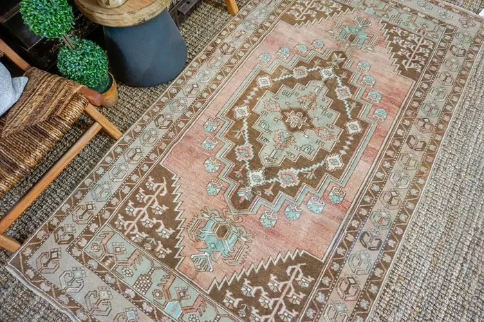 4’2 x 7’11 VintageTurkish Oushak Carpet Taupe, Green, Brown and Copper ‘3582