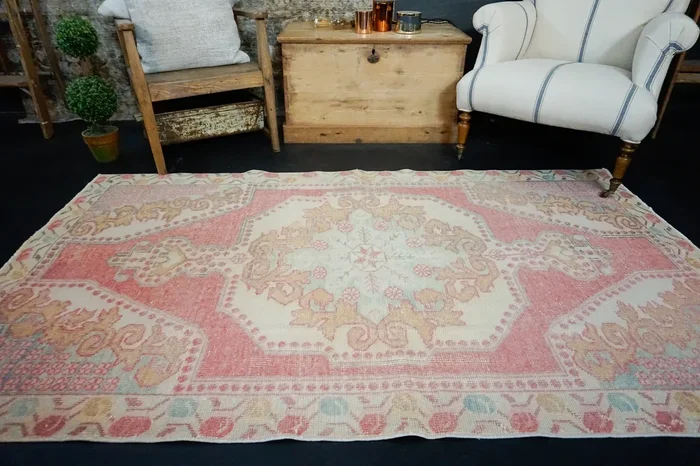 4’2 x 7’2 Vintage Oushak Rug Coral Pink, Blue & Cream ‘2372