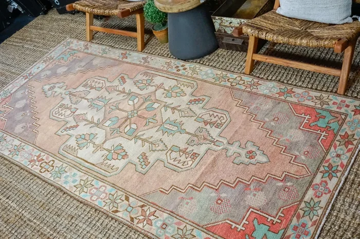 4’2 x 8’10 Vintage Turkish Oushak Carpet Muted Copper, Purple and Teal ‘3356