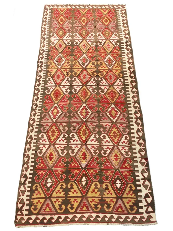 4×10 Vintage Anatolian Turkish Kilim Area Rug | Repeating Symmetrical Tribal Motifs Vibrant Earthy Colors | SKU 270