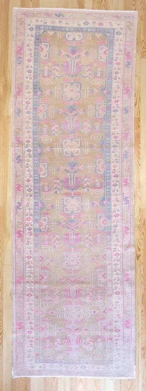 4×11 Vintage South Eastern Anatolian Oushak Style Turkish Area Rug | Geometric Design Pops of Pink | SKU 504