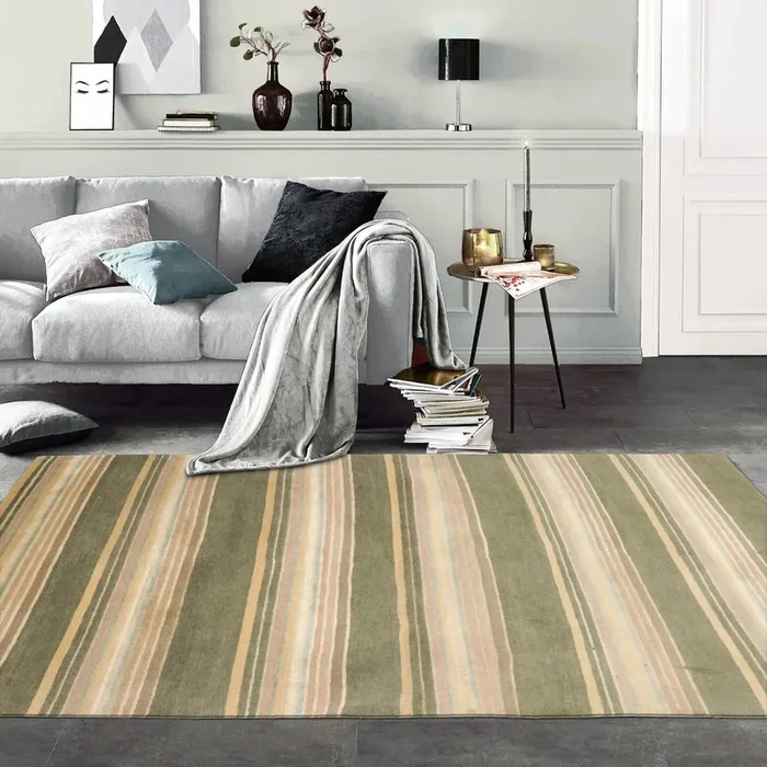 4×6 Beige Hand Knotted Modern Tibetan Striped Wool and Silk Oriental Area Rug