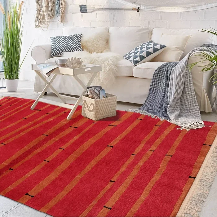 4×6 Coral Hand Knotted Tibetan Contemporary Striped Wool & Silk Oriental Area Rug