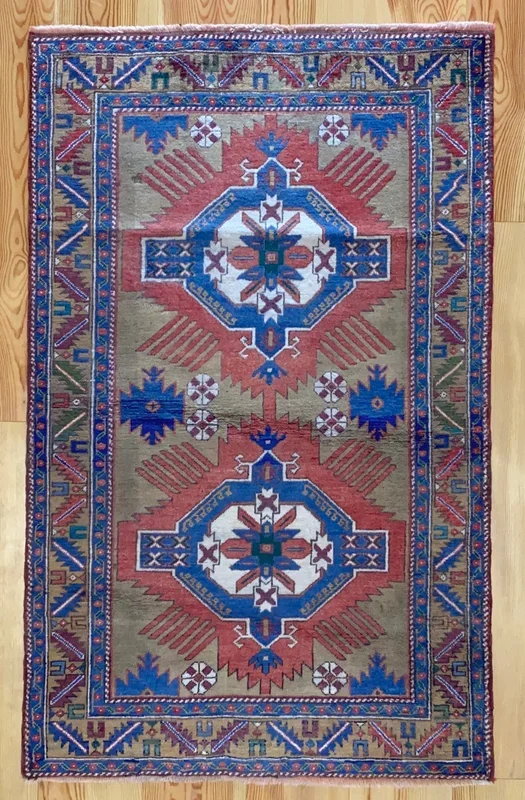 4×6 Vintage Central Anatolian ‘Taspinar’ Turkish Area Rug | Double Medallion Geometric Design Stylized Border Subtle Colors | SKU 660