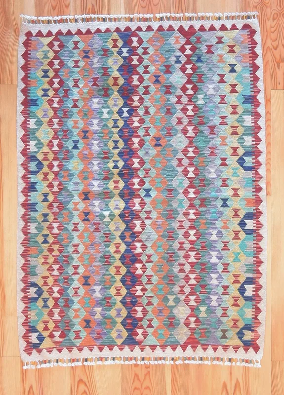4×6 Vintage Kilim Area Rug | Repeating all over diamond tribal motifs colorful design | SKU 517