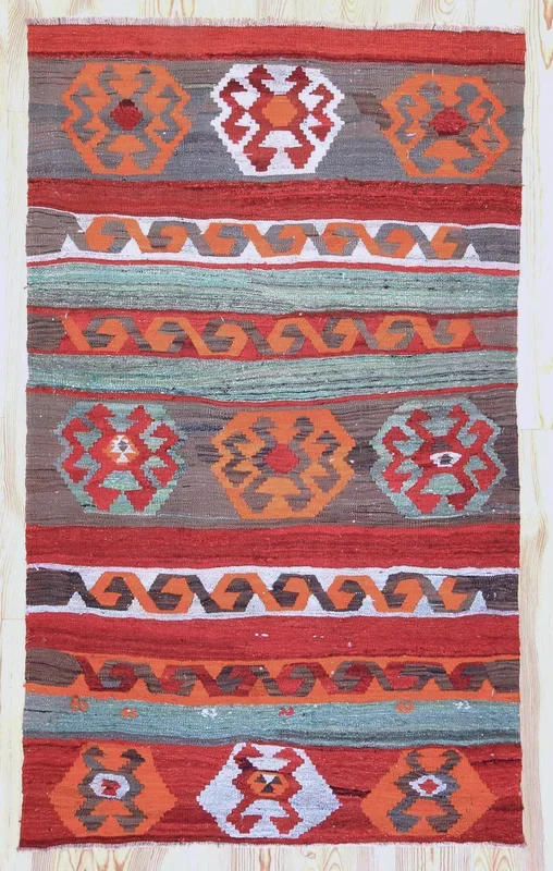 4×7 Vintage Eastern Anatolian ‘Kars’ Turkish Kilim Area Rug | Stripes with different colors and bold symbols | SKU 343