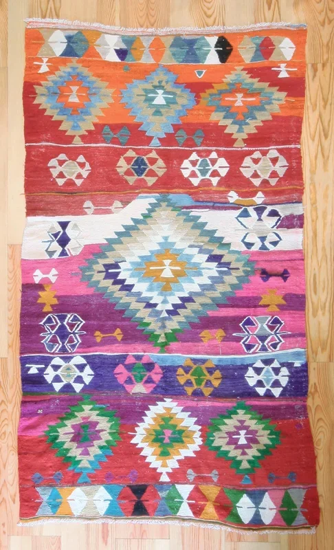 4×8 Vintage Oversized Western Anatolian Kilim Area Rug | Bold medallion vibrant colors scattered tribal symbols | SKU 467