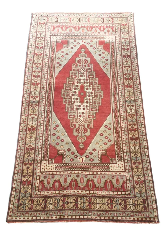 4×9 Vintage Central Anatolian Oushak Style ‘Taşpınar’ Turkish Area Rug | Bold Medallion Muted Colors Spacious Field Stylized Border | SKU 234