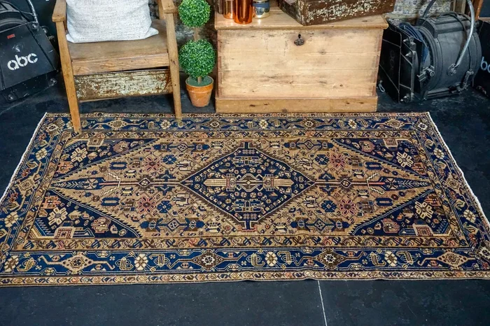 4’3” x 6’9” Vintage Hamadan Carpet Dark Blue, Tan and Beige 70’s ‘3178