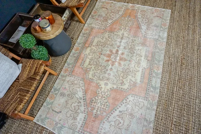 4’3 x 7’5 Oushak Rug Muted Terra Cotta Yellow + Gray Vintage Turkish Carpet ‘3305