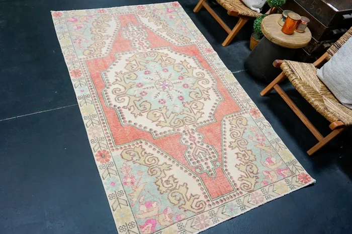 4’3 x 7’6 Vintage Turkish Oushak Rug Muted Coral Red, Aqua Blue & Khaki ‘4367