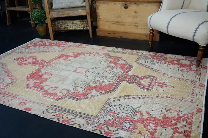 4’3 x 7’ Vintage Oushak Rug Muted Red, Yellow & Gray ‘2703