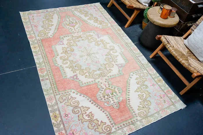4’4 x 7’3 Vintage Oushak Rug Muted Salmon, Powder Blue & Green ‘4330