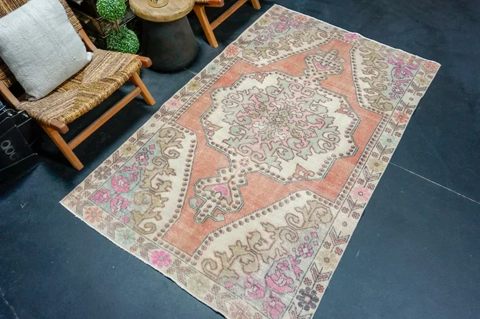4’4 x 7’4 Vintage Oushak Rug Muted Coral Red, Pink & Aqua ‘4347