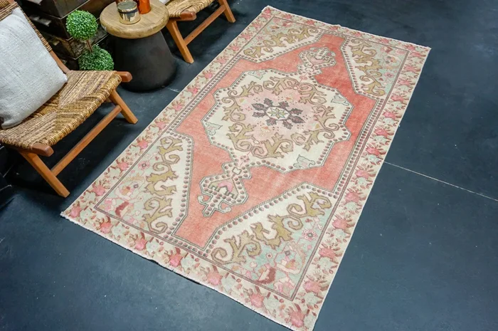 4’4 x 7’5 Vintage Oushak Rug Muted Red, Aqua & Camel ‘4664
