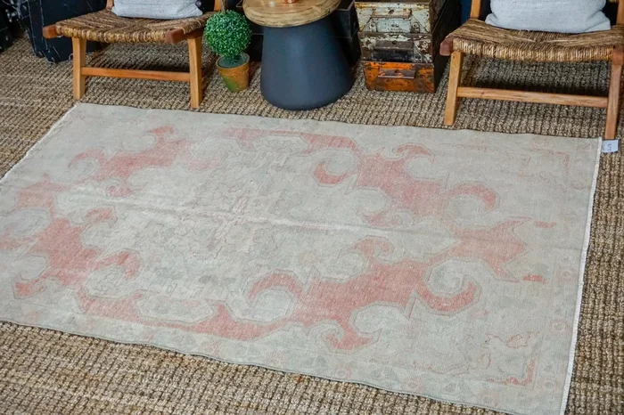4’4 x 7’6 Oushak Rug Muted Gray, Red + Blue Vintage Carpet ‘3136