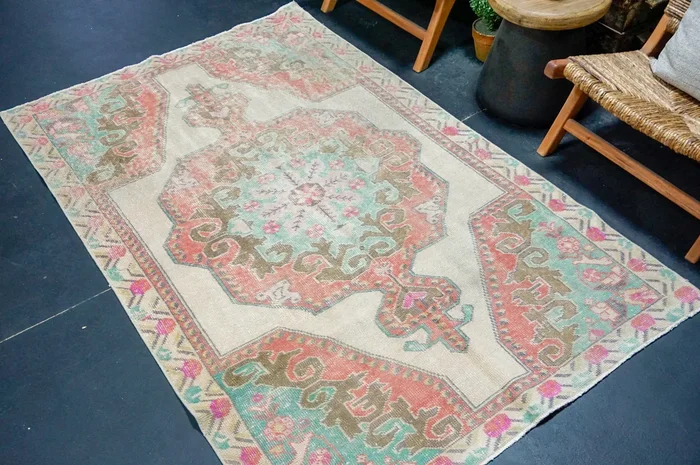 4’4 x 7’ Vintage Oushak Rug Muted Coral Red, Turquoise & Bronze ‘4147