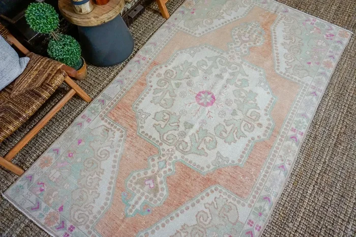 4’5 x 7’11 Oushak Rug Muted Copper, Mint and Pink Vintage Carpet ‘3399