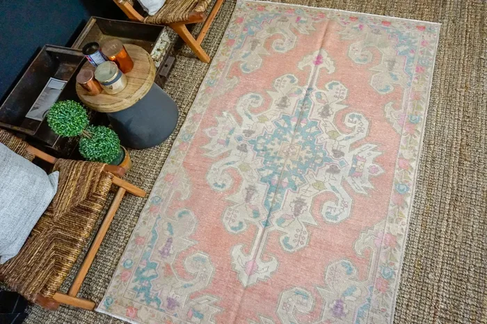 4’5 x 7’2 Turkish Oushak Rug Muted Coral Pink + Blue Vintage Carpet ‘3347