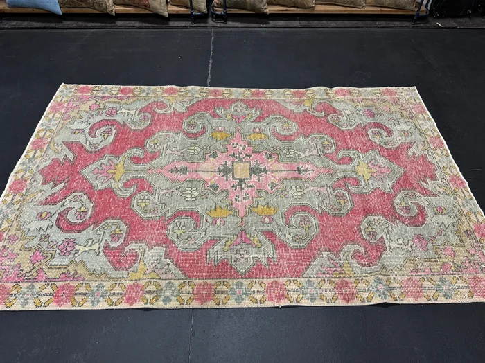 4’5 x 7’2 Vintage Oushak Rug Very Muted Watermelon, Blue and Pink 4379