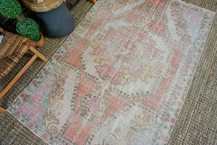 4’6 x 7’1 Oushak Rug Muted Pinks, Turquoise and Beige Vintage Carpet ‘3228