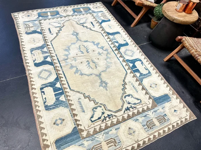 4’6 x 7’2 Vintage Turkish Milas Rug Sky + Denim Blue, Cream & Brown ‘4263