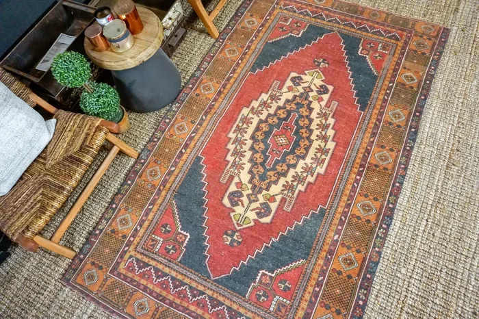 4’6 x 7’8 Vintage Turkish Oushak Carpet Muted Red, Charcoal and Ecru ‘3393