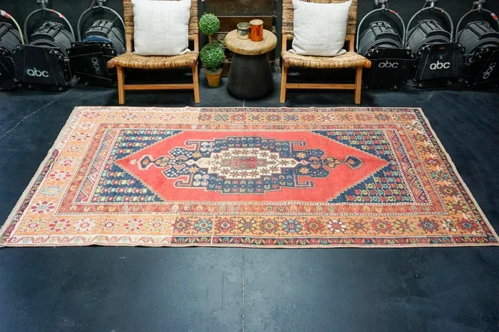 4’6 x 9’ Vintage Oushak Rug Muted Navy Blue, Red & Cream ‘4372