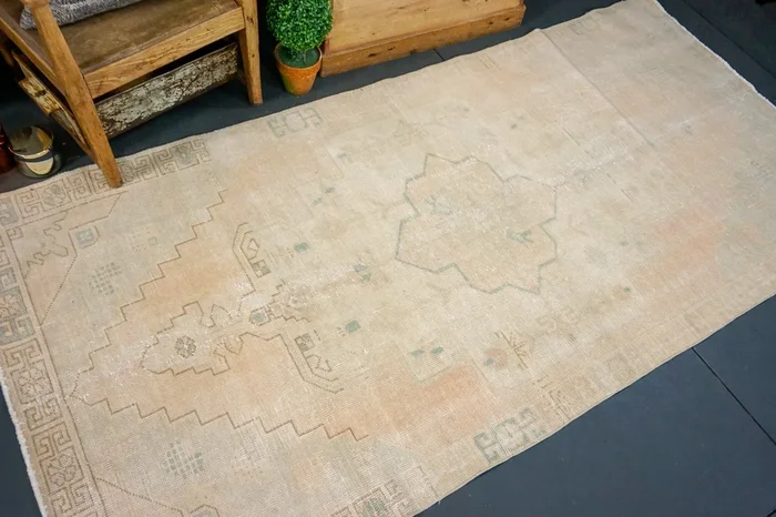 4’2 x 8’9 Oushak Rug Faded Terra Cotta Blush, Turquoise, Gray and Cream ‘2293