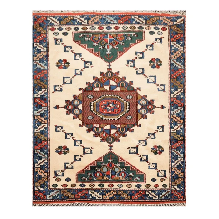 4’7″ x 6′ Hand Knotted Wool on Wool Tribal Afghan Kazak Veg Dyes Area Rug Ivory