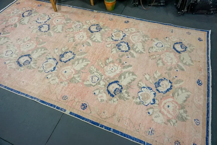 4’8 x 9′ Oushak Rug Faded Pink, Blue & Cream ‘2213