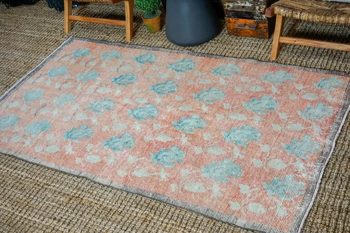 4’ x 7’2 Oushak Rug Beige with Salmon and Turquoise Blue Roses Vintage Carpet ‘3138