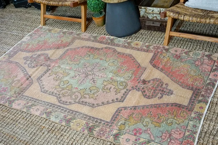 4’ x 7’2 Vintage Turkish Oushak Carpet, Pink + Turquoise Blue ‘3244