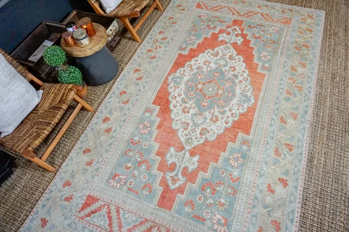 5’10 x 11’ Vintage Turkish Taspinar Carpet Muted Copper, Sage + Seafoam Green ‘3351