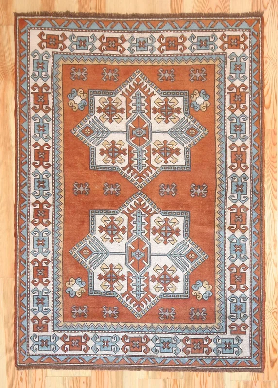 5×6 Vintage Eastern Anatolian ‘Kars’ Turkish Area Rug | Double medallion on earthy spacious field with symmetrical tribal symbols | SKU 526