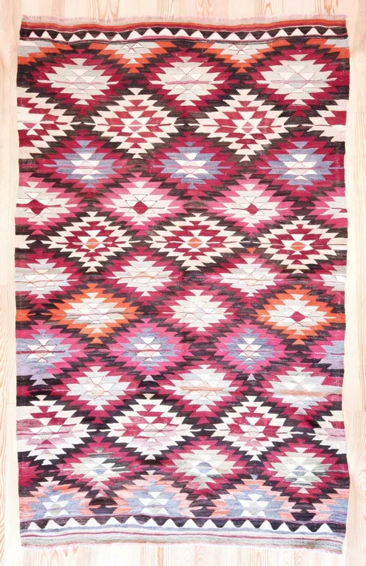 5×8 Vintage Anatolian Turkish Kilim Area Rug | Interlocked vibrant geometric tribal symbols | SKU 408