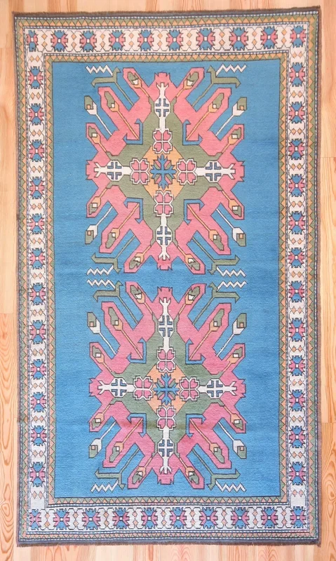 5×9 Vintage Eastern Anatolian ‘Kars’ Turkish Area Rug | Double medallion on spacious blue field with geometric border | SKU 528