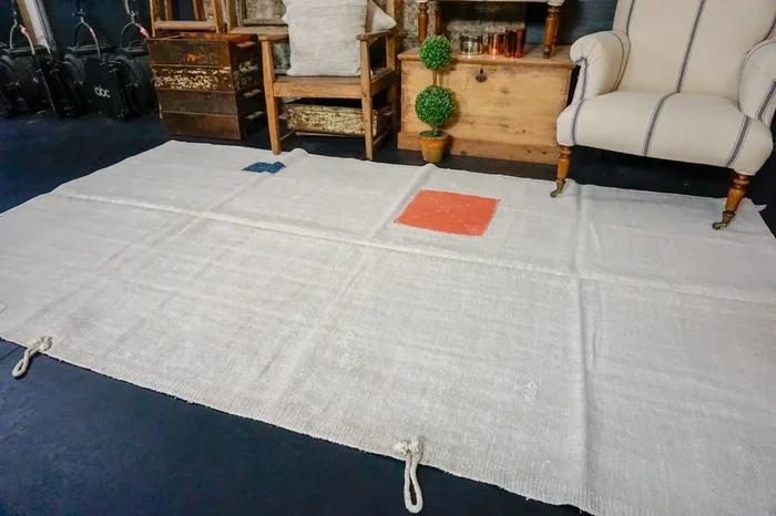 5’7 x 9’9 MCM Organic Hemp Rug Vintage Turkish Kilim Creamy White ‘2611