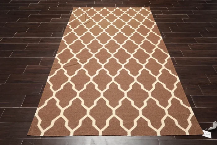 5’1” x 8’1” Hand Woven Dhurry Kilim Flatweave Wool Hip Designer Area Rug Brown