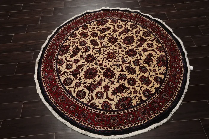 5’1”x5’1″ Ivory Hand Knotted Bidjar Round Traditional Botanical 250 KPSI Wool & Silk Oriental Area Rug