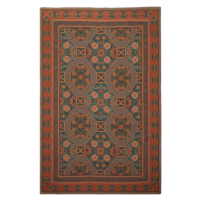 5’10”x9 Hand Woven Wool Teal French Needlepoint Art Deco Rug